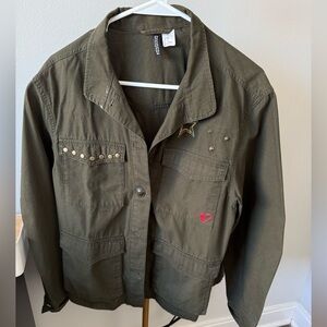 H&M Divided Khaki Button-Up Jacket with Star and Heart Accents